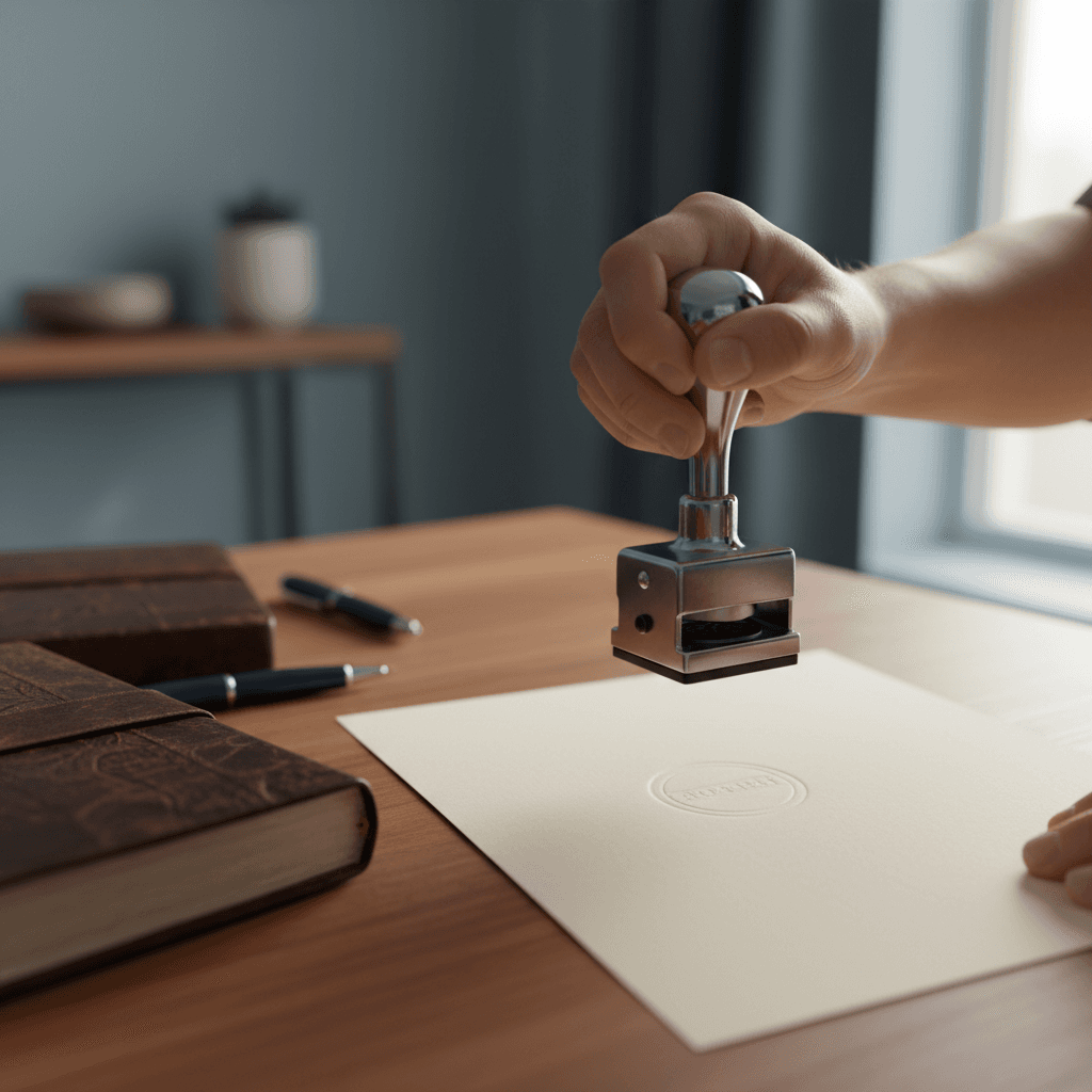 Notary stamp pressing a seal onto a document on a wooden desk