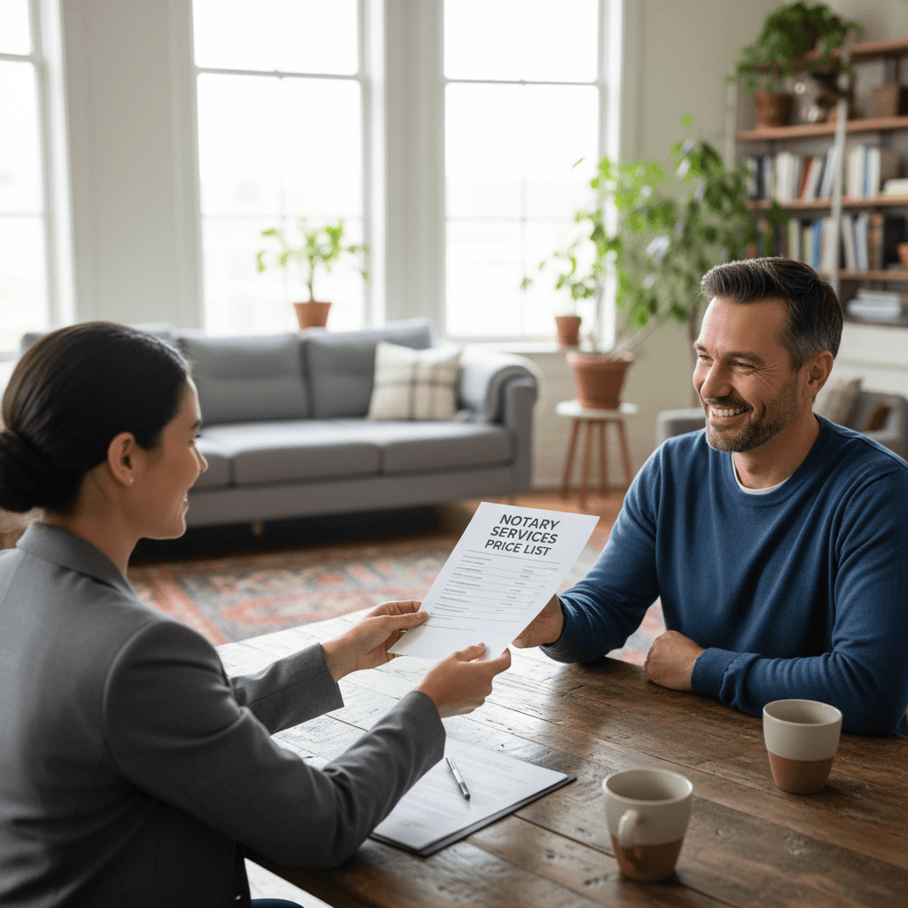 Notary handing a price sheet to a smiling customer at home