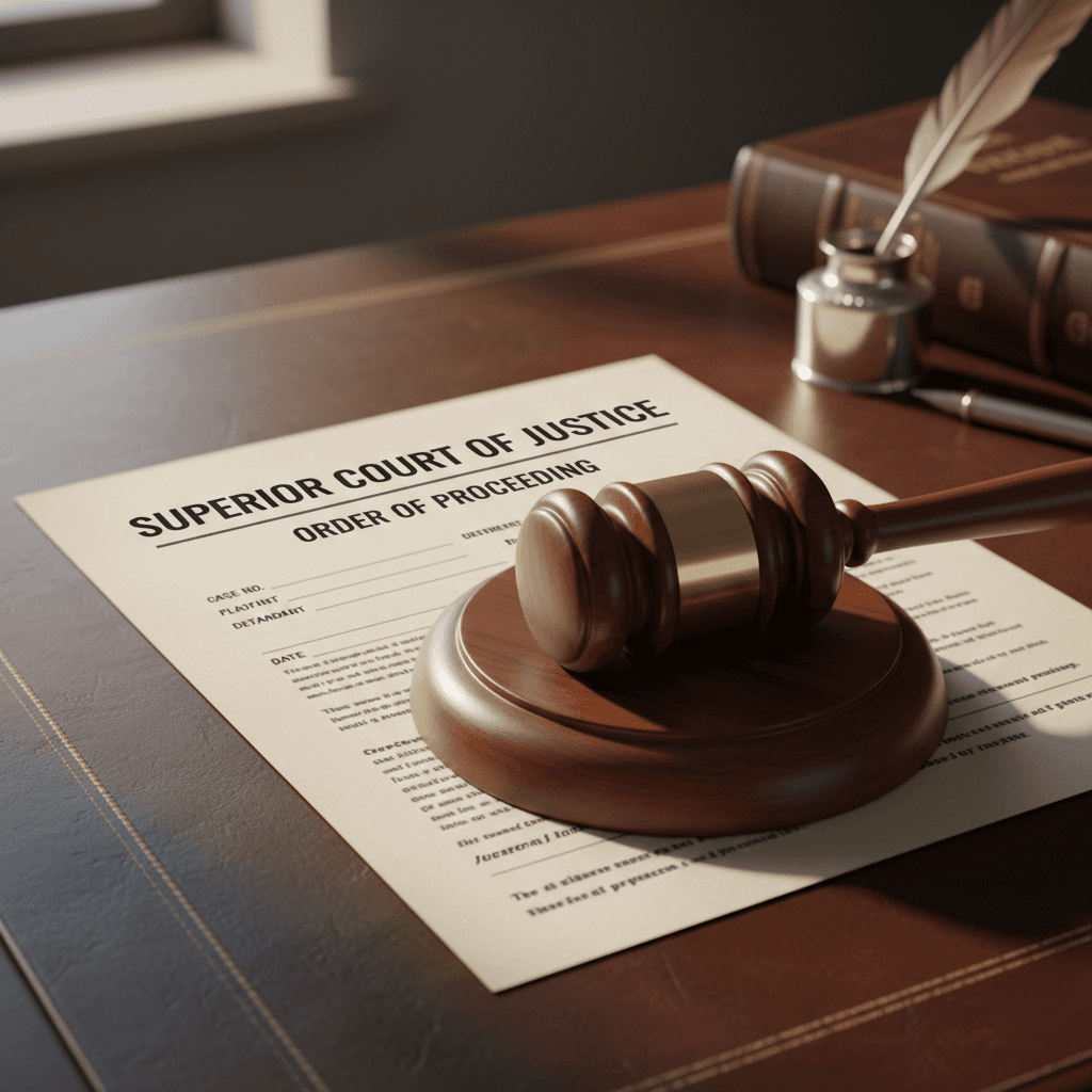 Official court document with gavel on leather desk professional setting