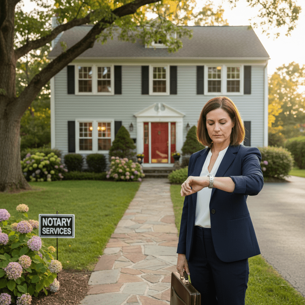 Notary checking time outside home