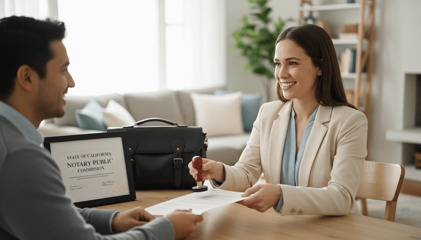 Notary public handing a signed document to a client at a table