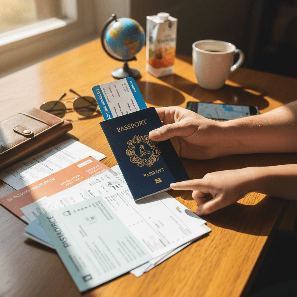 Parent and child with a passport and travel documents on a table
