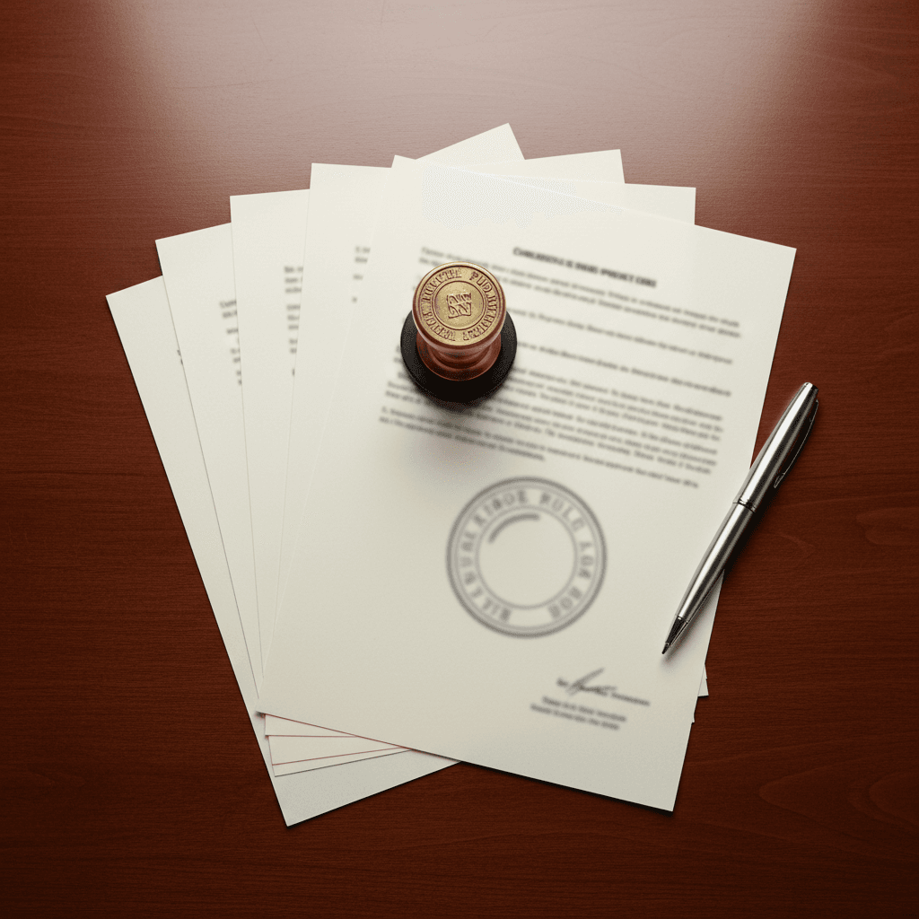 Trust and estate documents arranged with a notary stamp on a desk