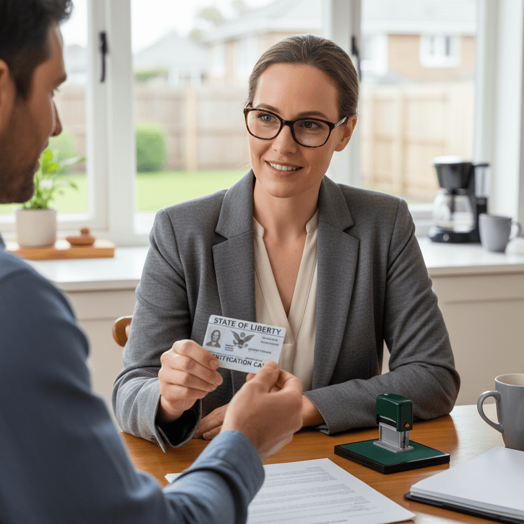 Notary checking a customer's identification card at a kitchen table