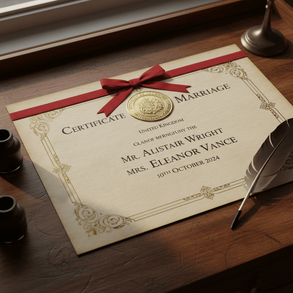 Marriage certificate document with official gold seal