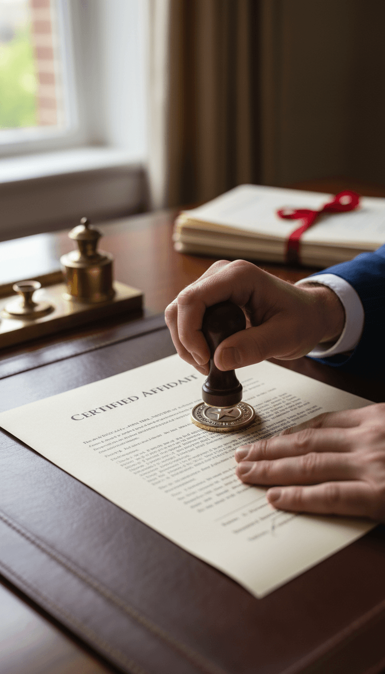 Notary pressing stamp onto official document