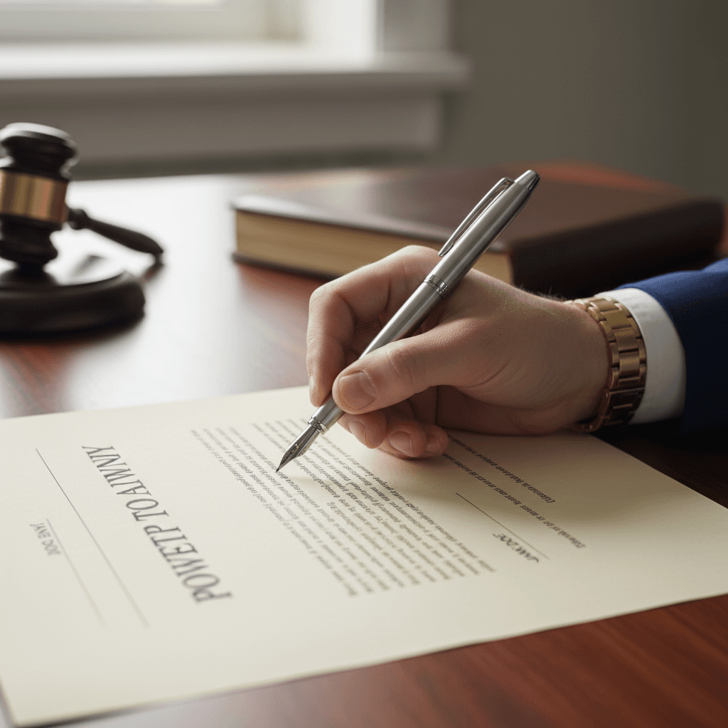 Person signing legal power of attorney document with pen close up