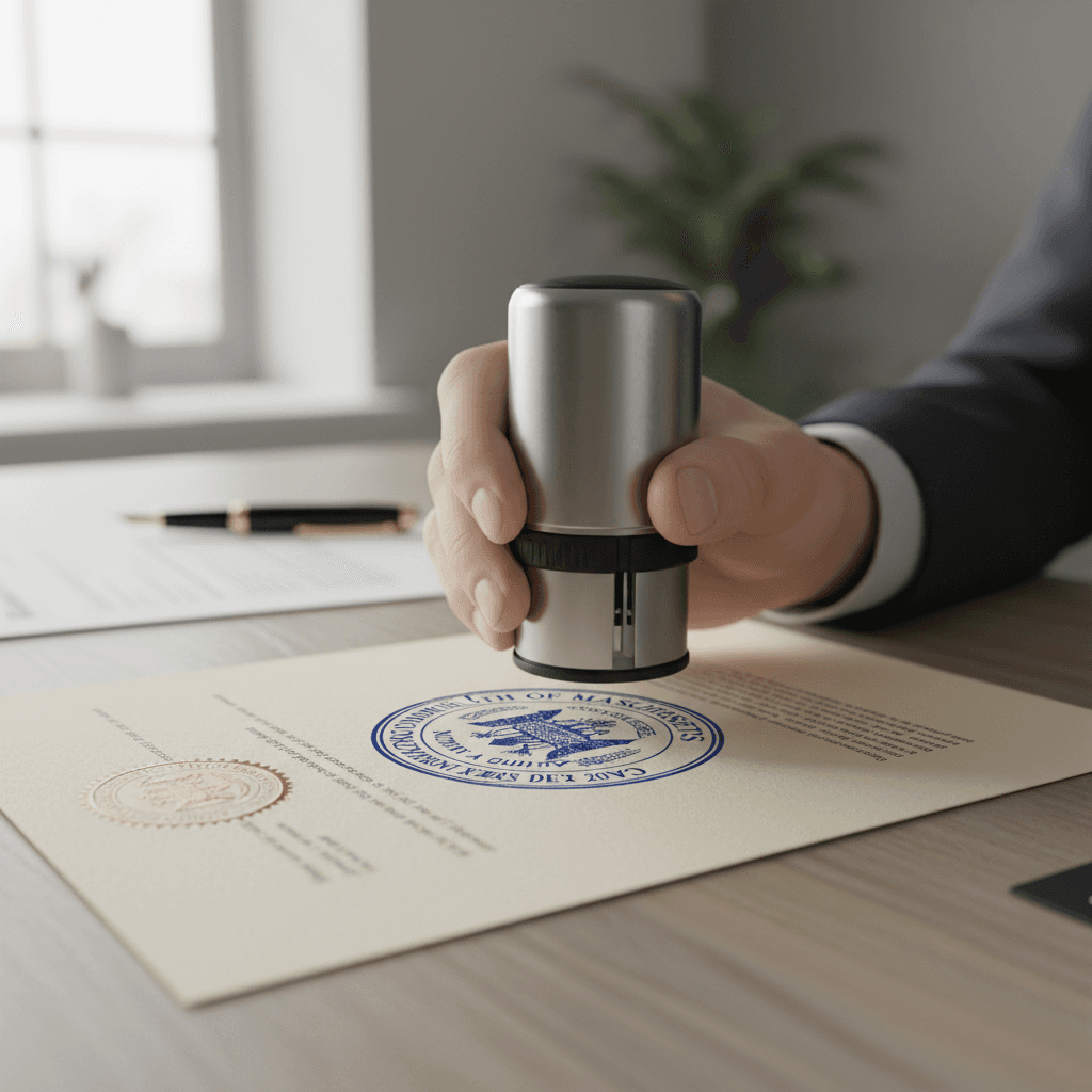 Notary stamp pressing onto an official state document