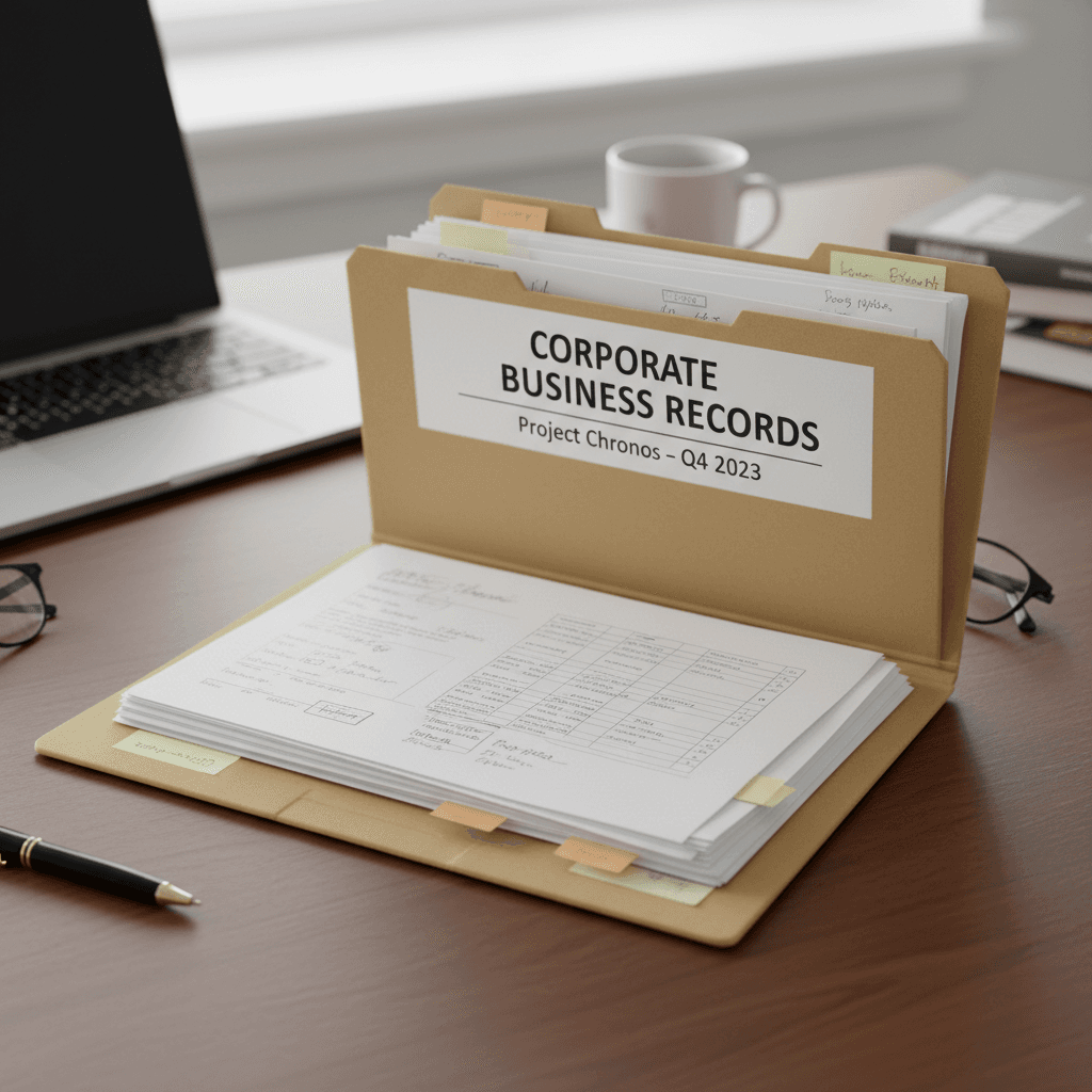 Corporate business records folder with official documents