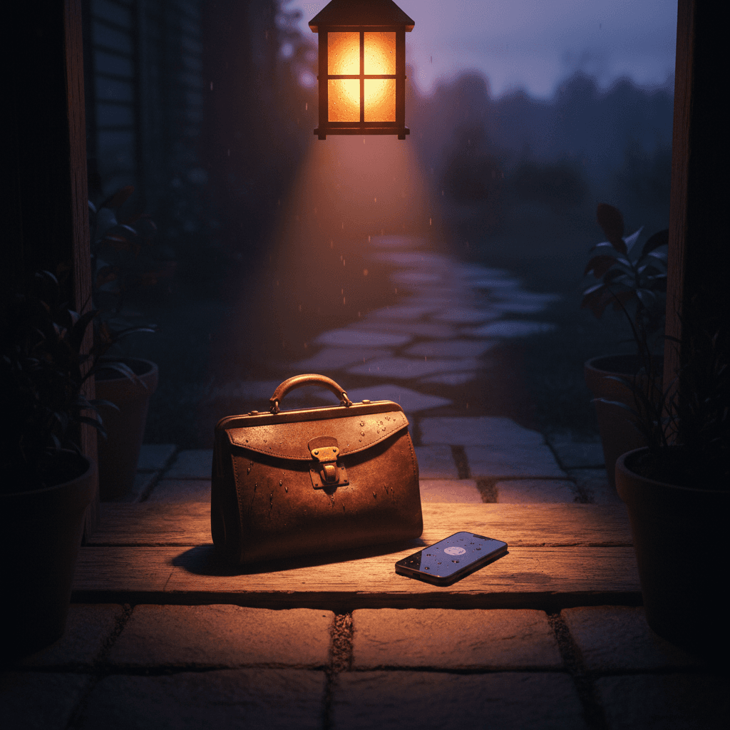 Notary bag and phone on a doorstep at dusk with warm porch light