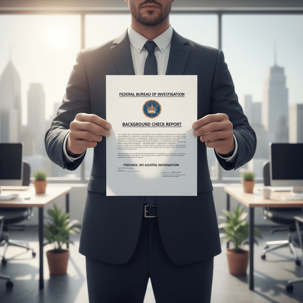 Professional holding official FBI background check report document in bright office