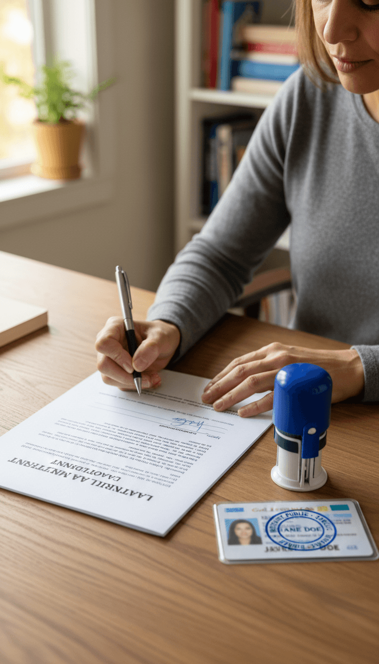Signing a legal document at a home desk with a notary stamp nearby