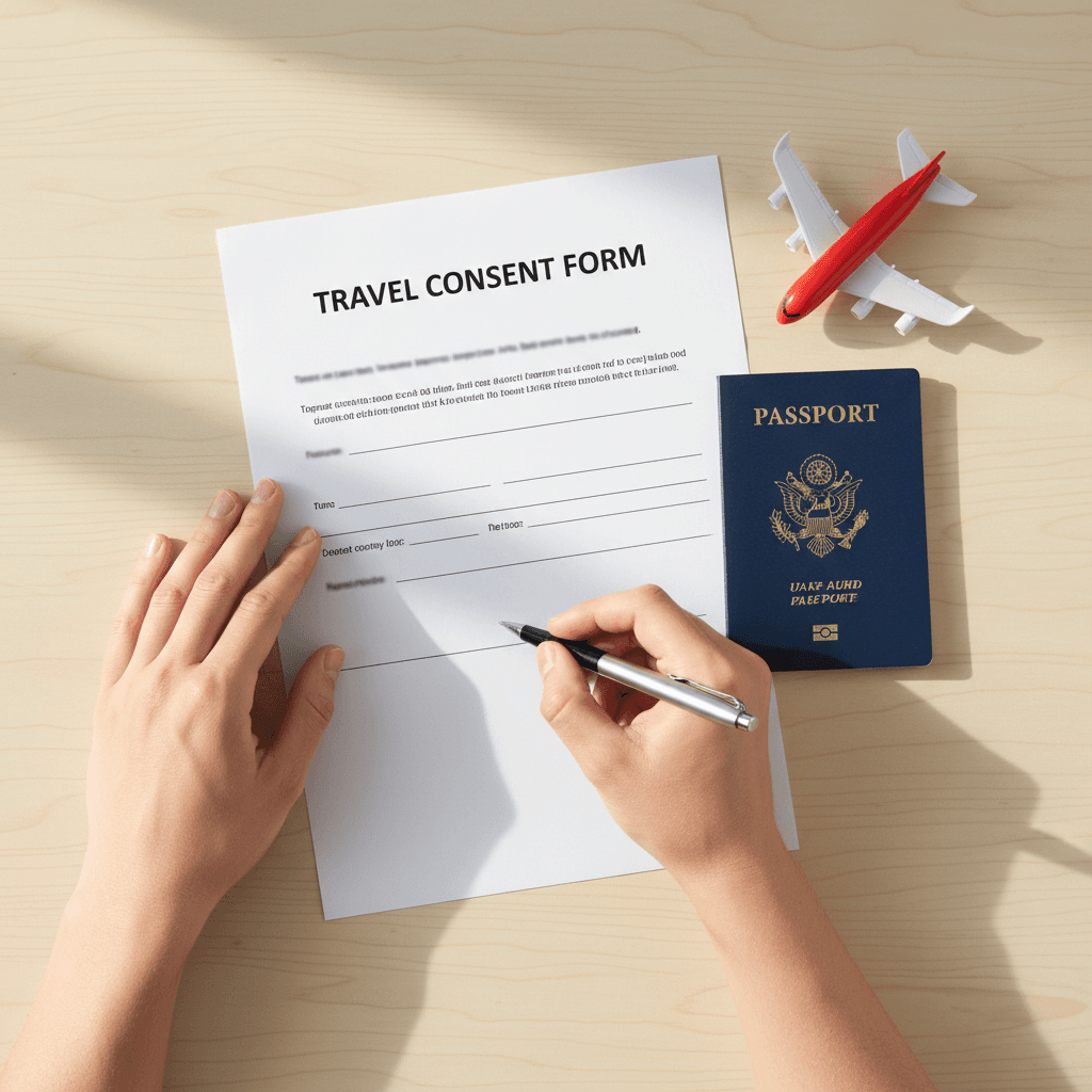 Parent signing a travel consent form next to a child's passport and toy airplane