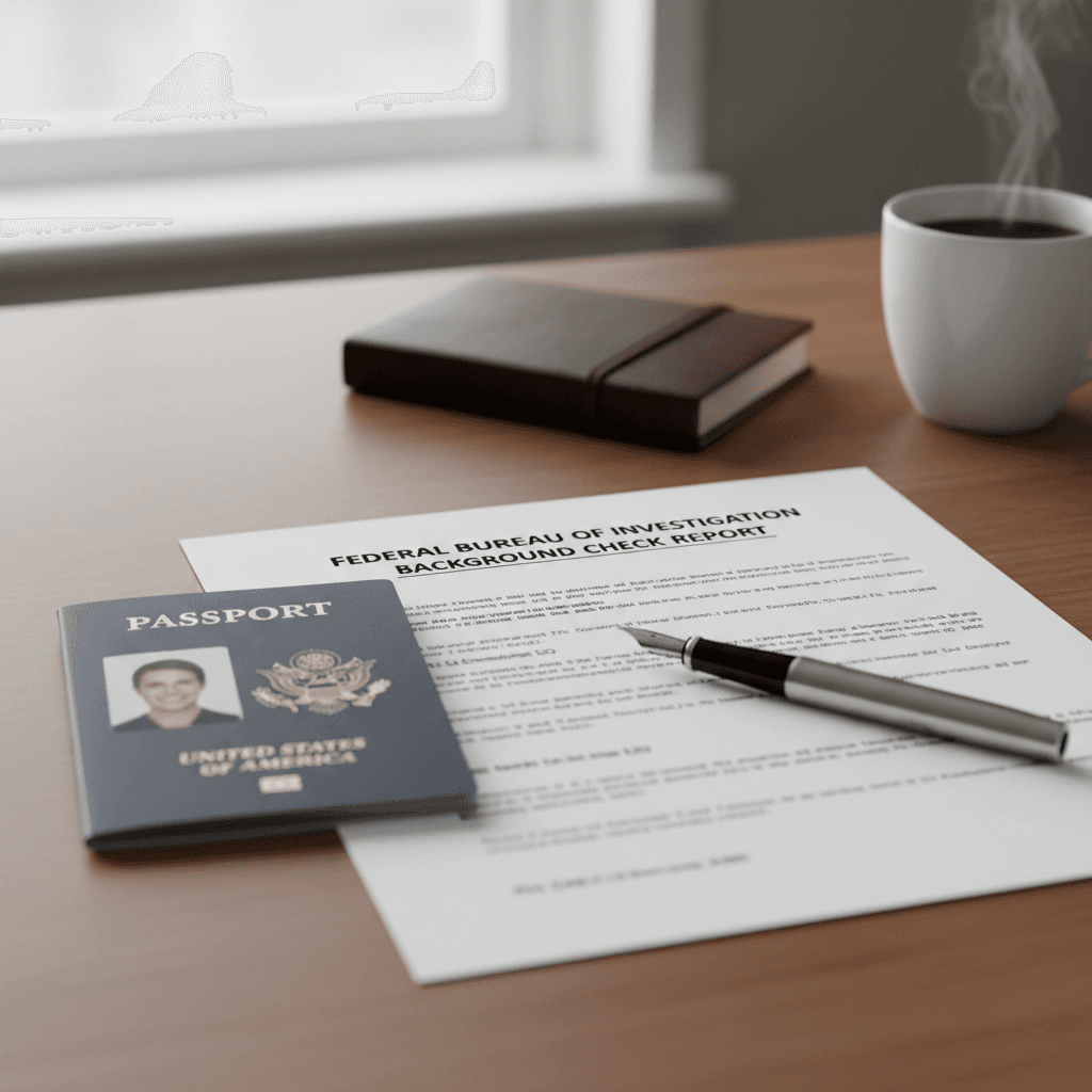FBI background check report on a desk with a passport and pen