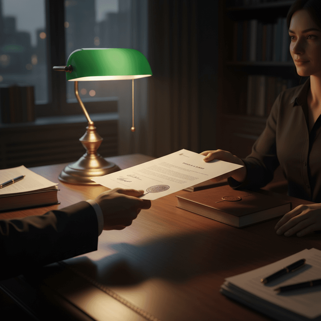 person handing signed document to notary under warm desk lamp late at night