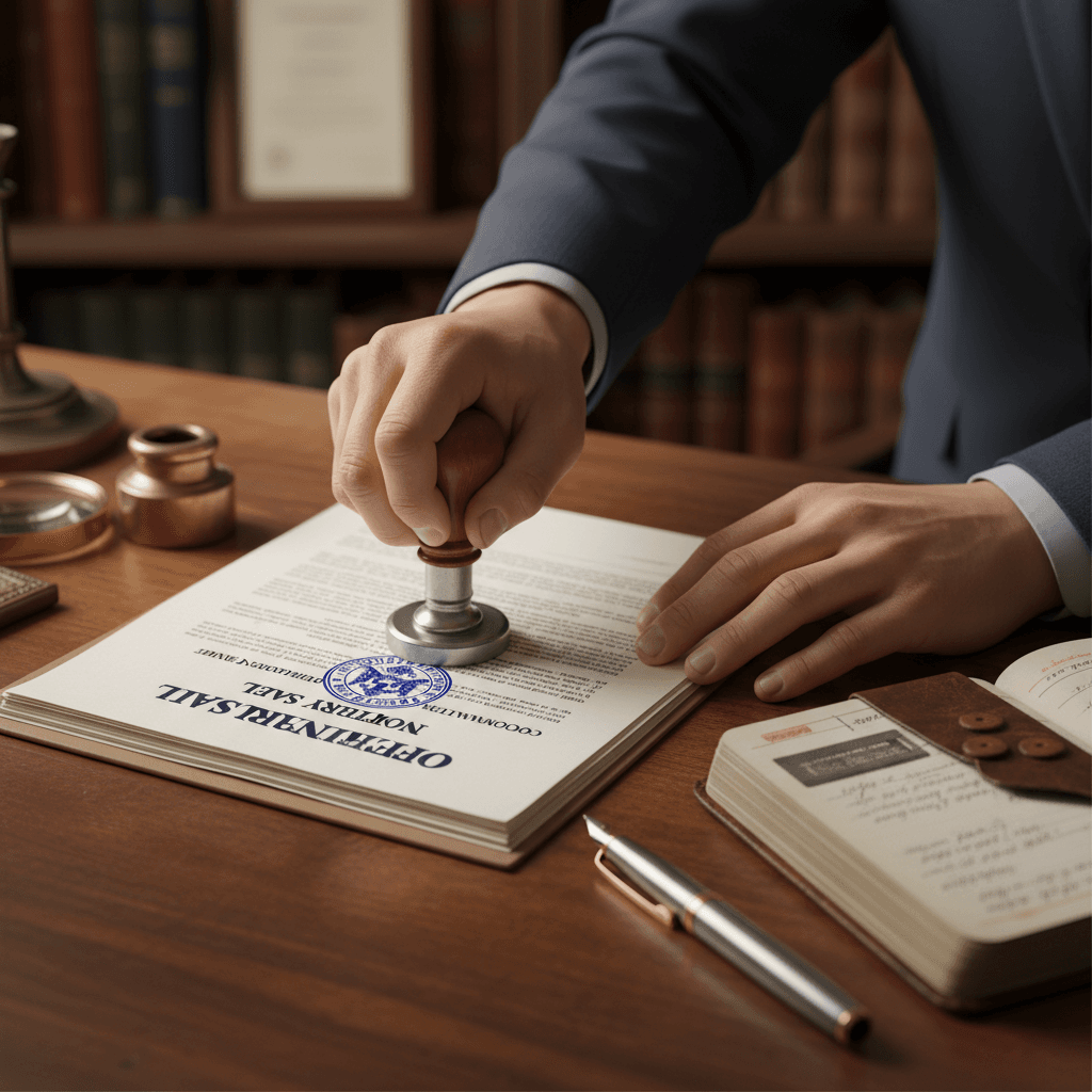 Notary stamping a document on a table with a pen and journal