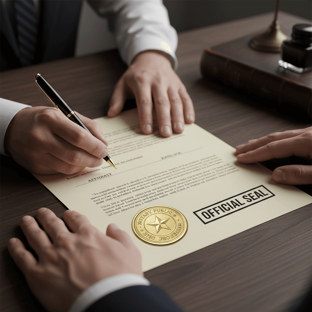 Close-up of hands signing a legal document with a notary seal