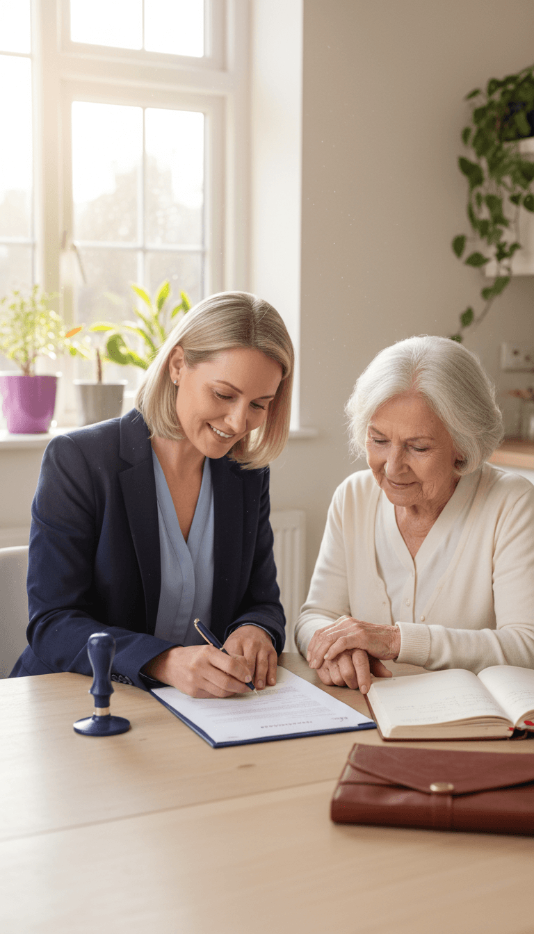 Mobile notary with client reviewing documents at home
