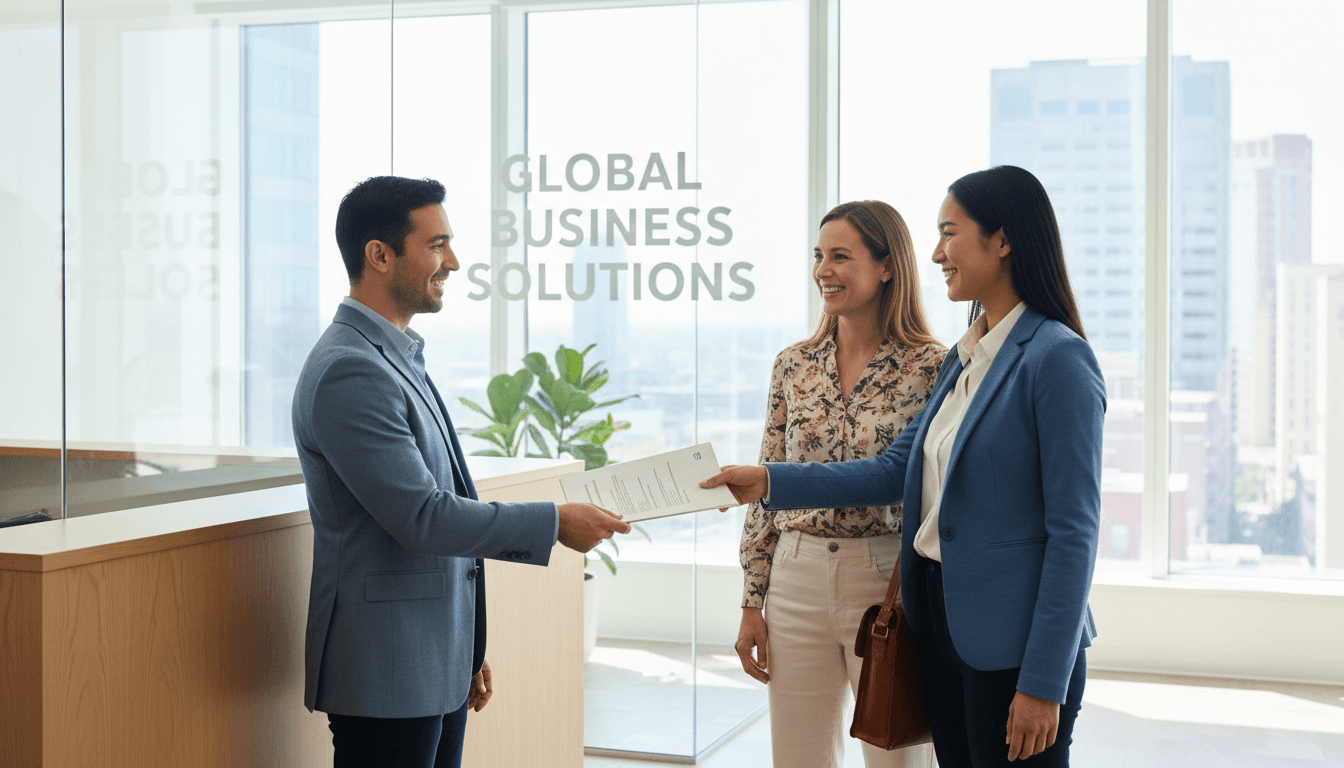 Mobile notary meeting clients in an office lobby