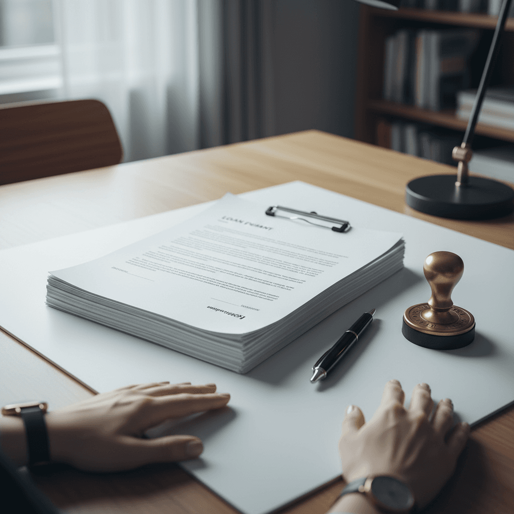 Stack of loan closing documents with a pen and notary stamp on a table