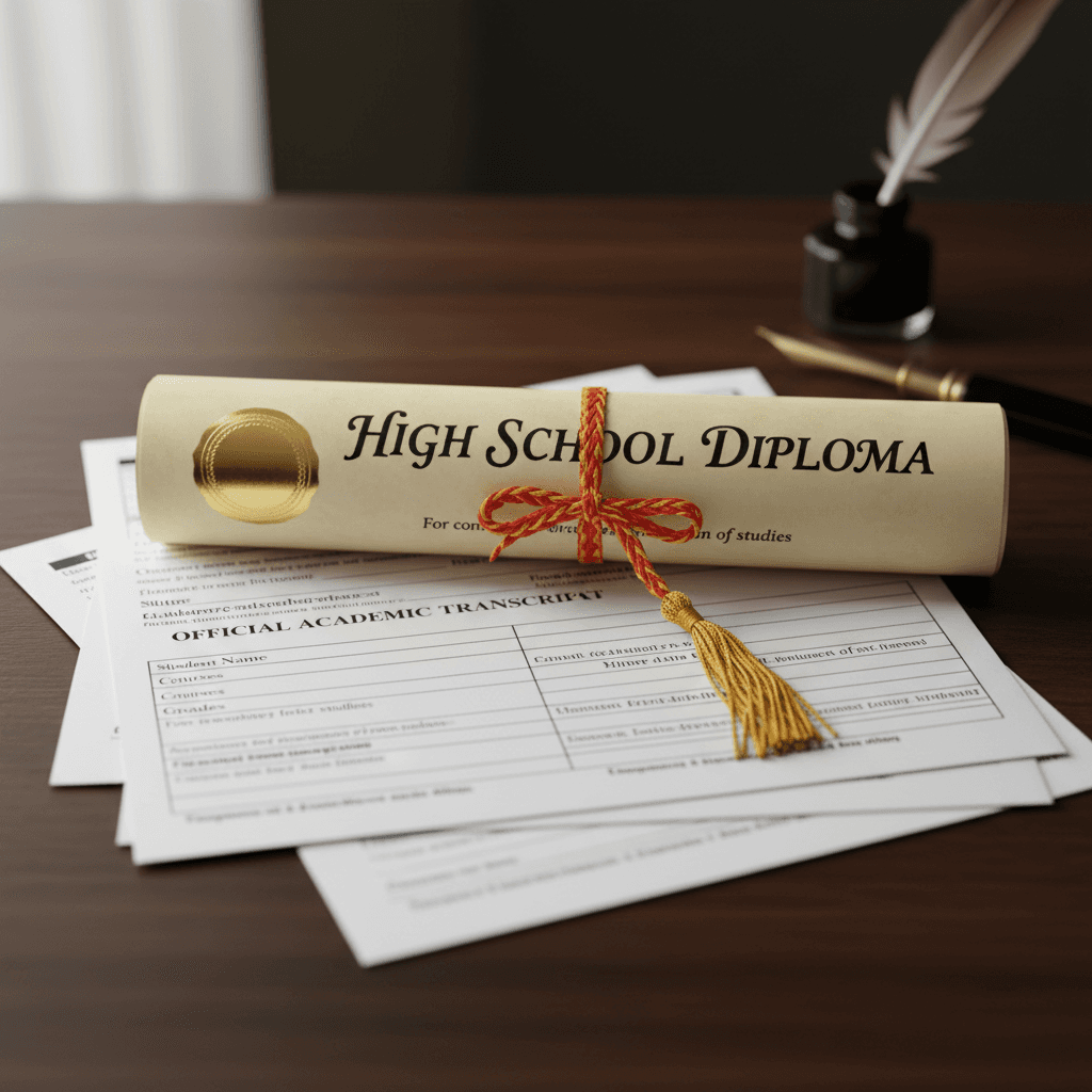 Diploma and transcript documents with official ribbon