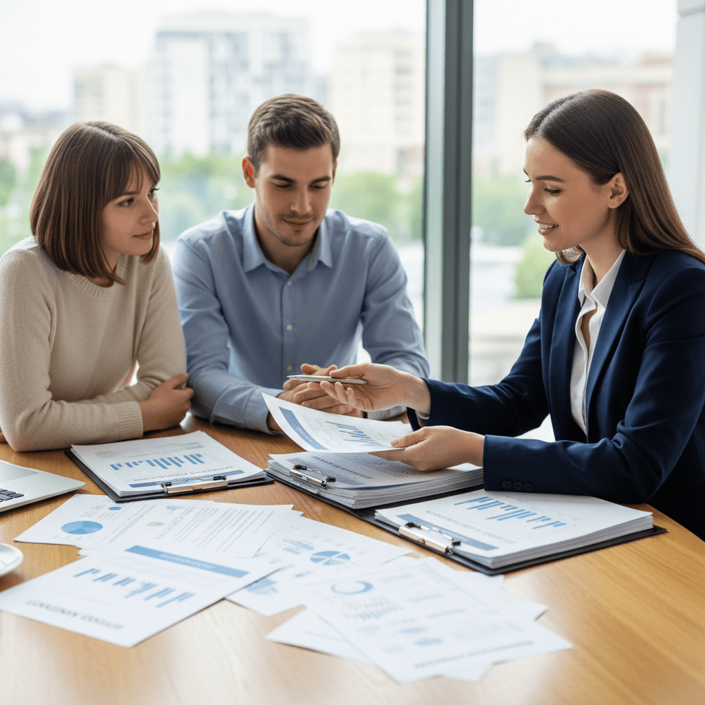 Professional explaining paperwork to a couple at a table with documents