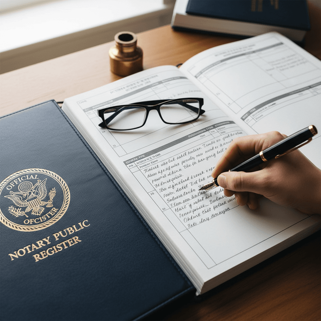 Close up of a notary writing in an official notary journal logbook