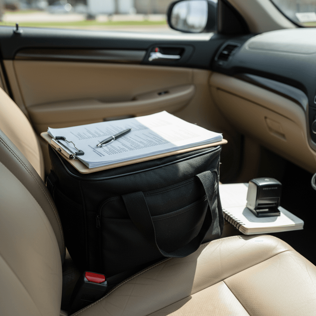 Notary bag with clipboard and documents on a car seat