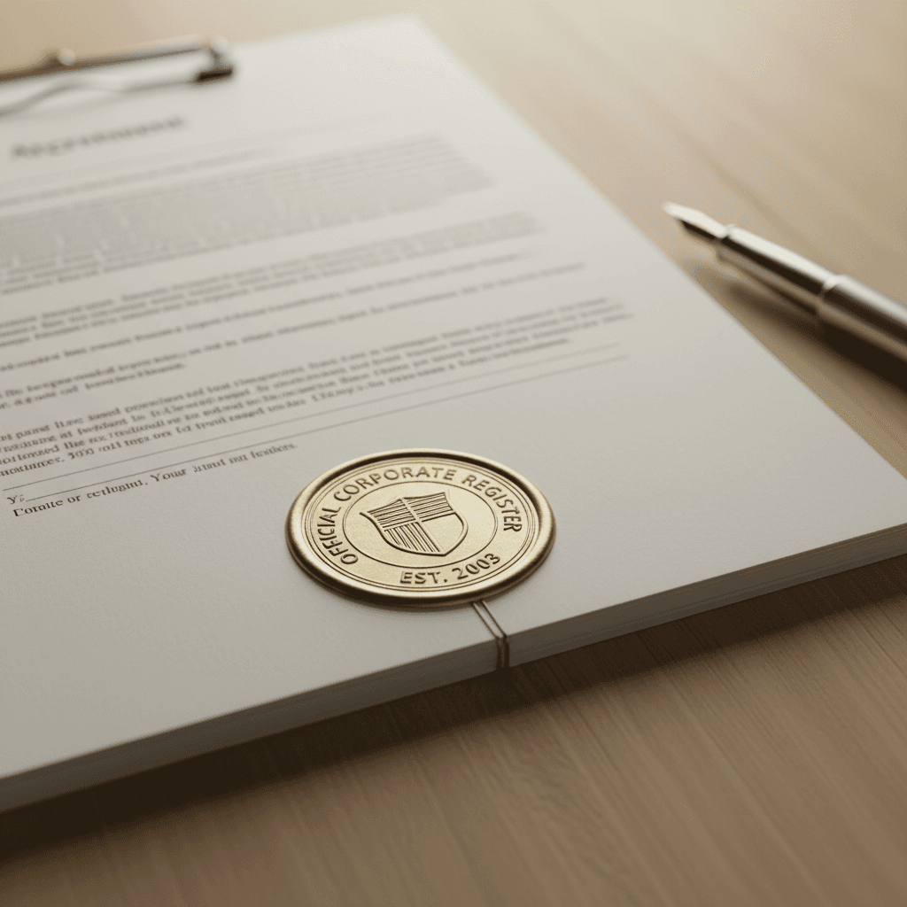 Corporate filing documents with an official seal