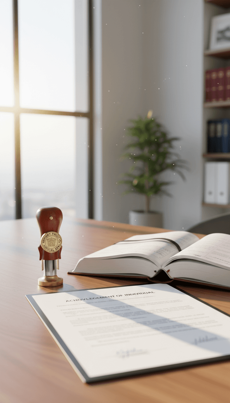 Notary stamp, journal, and document on a desk