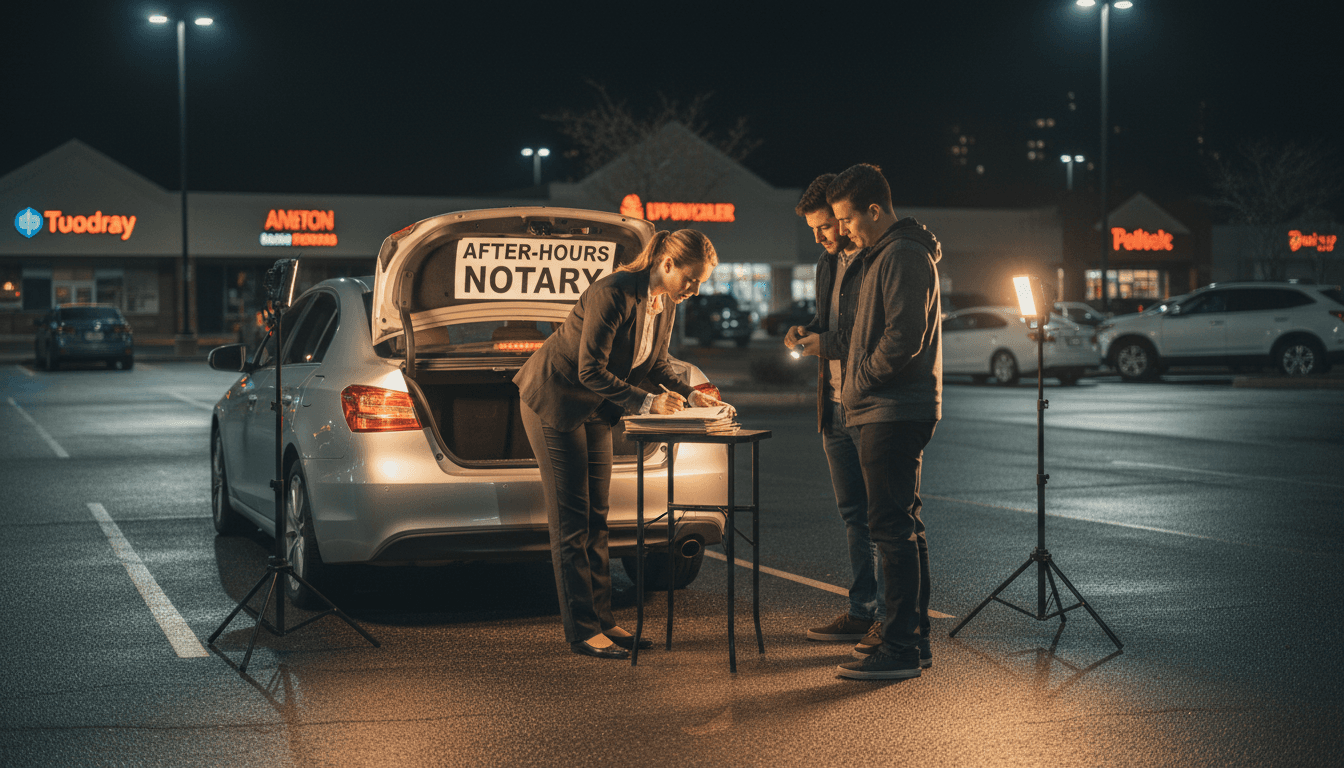 Notary signing documents in car trunk at night