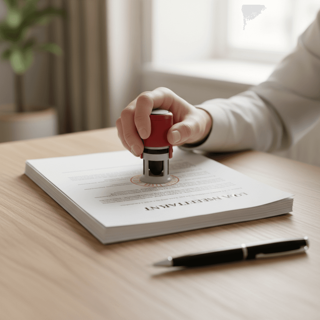 Hands stamping loan documents on a table