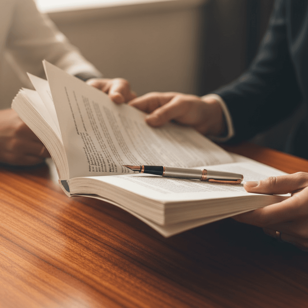 Hands reviewing durable power of attorney documents on a wooden desk