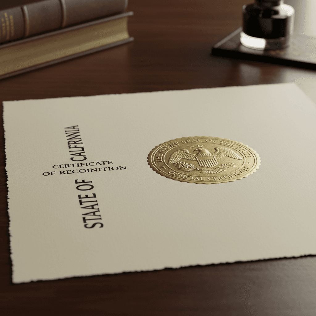 Close-up of official state issued document with embossed gold seal on desk