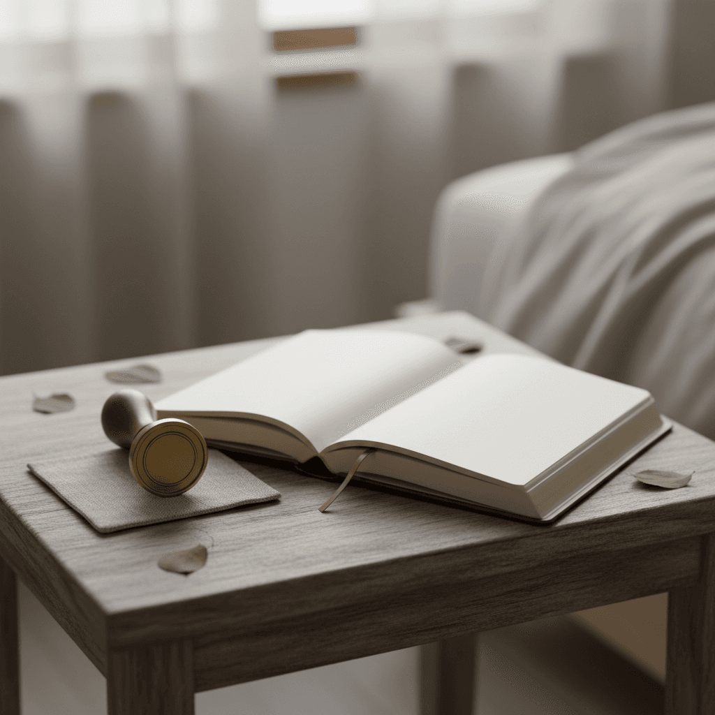 Notary stamp and open journal on a bedside table