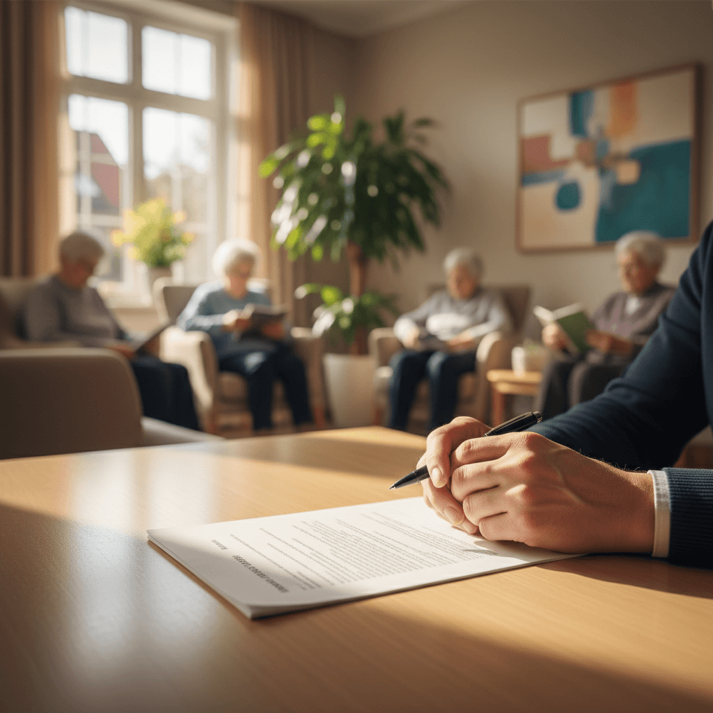 Notary's hands preparing documents at a table in a care facility common room