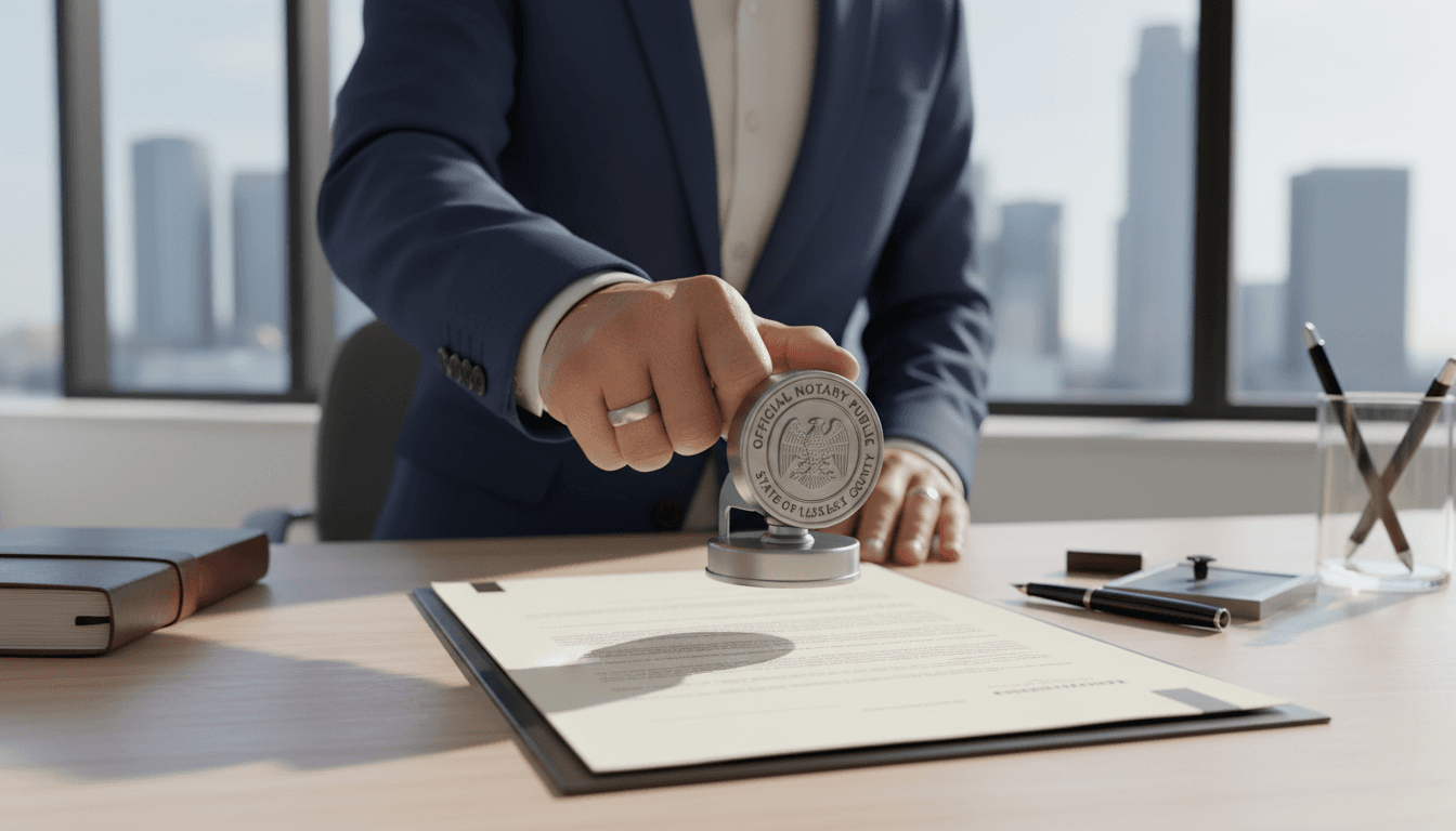 Notary stamping an official document with an apostille seal
