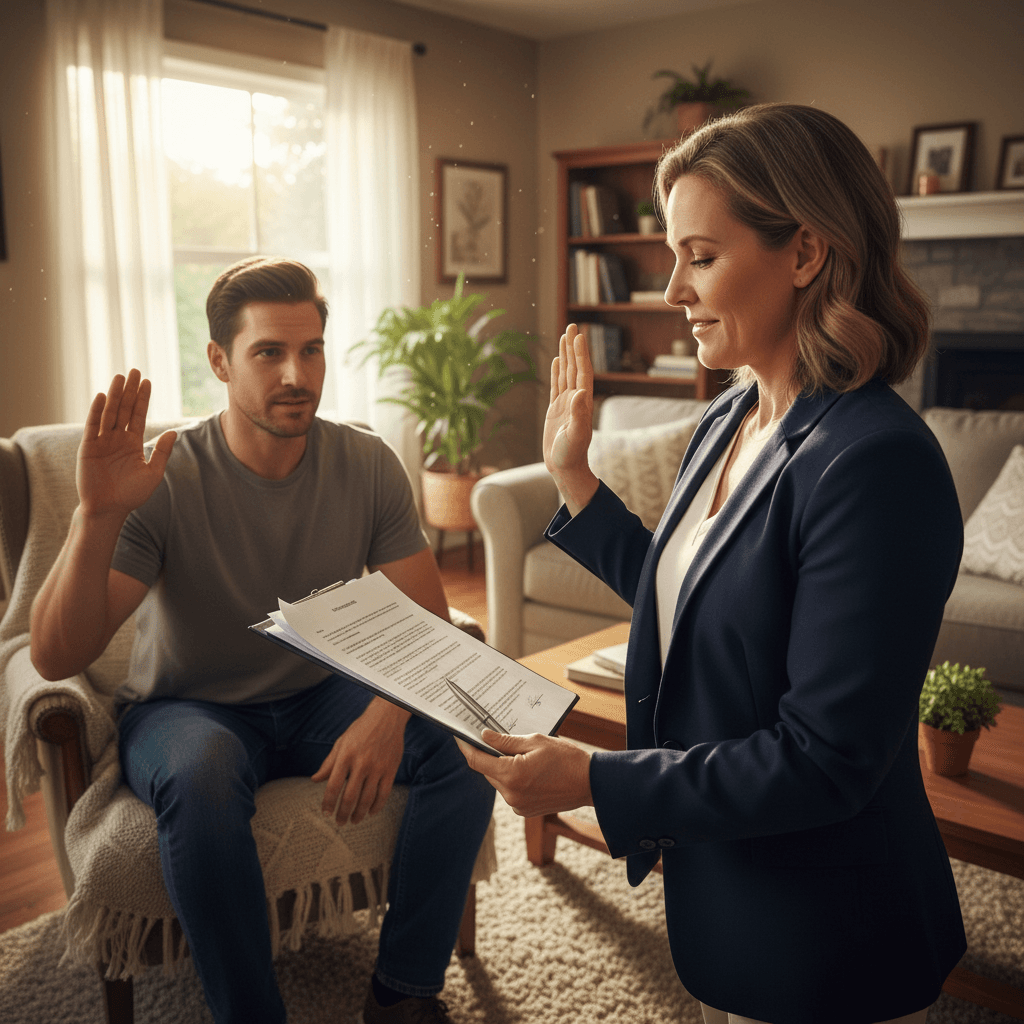 Notary administering an oath to a seated client in a bright living room