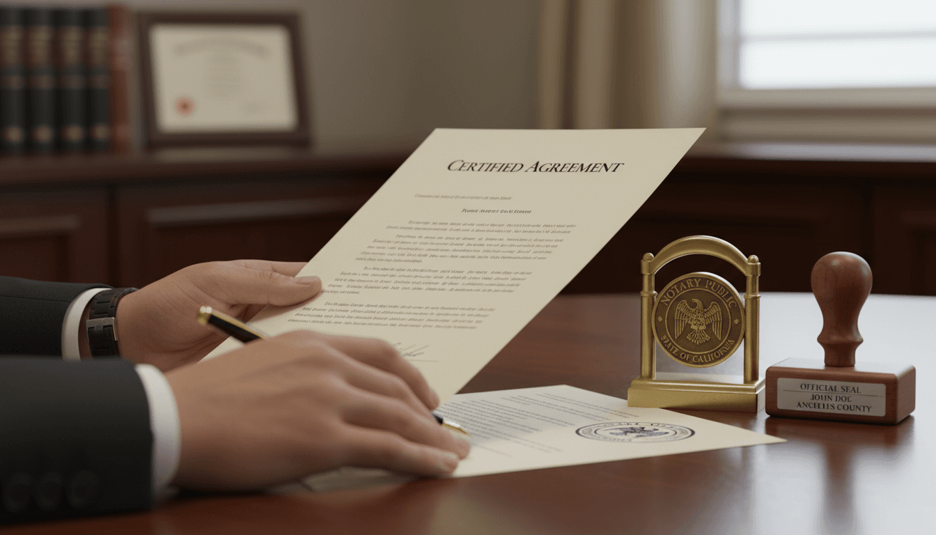 Notary hands holding official document with seal