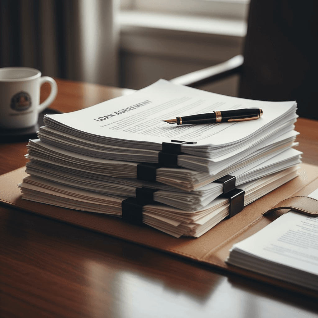 Stack of loan documents neatly organized on a desk with a pen