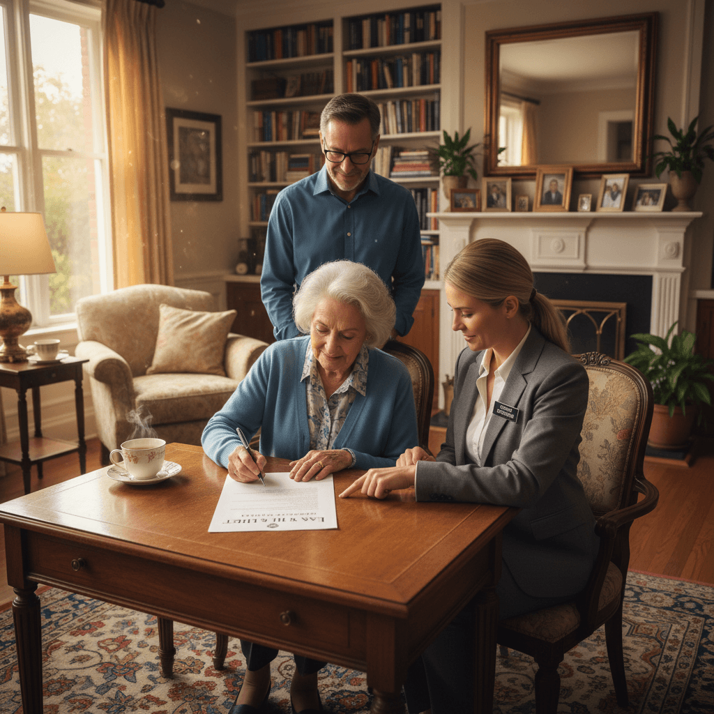 elderly person signing document with notary present in comfortable living room