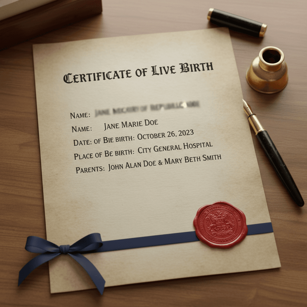 Birth certificate paperwork on a table with official stamps