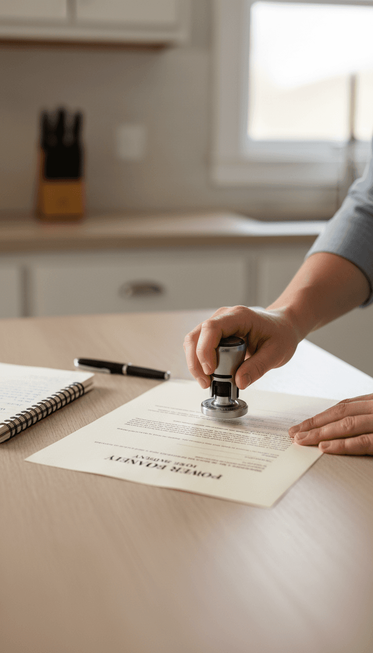 Notary stamping a legal document at a kitchen table