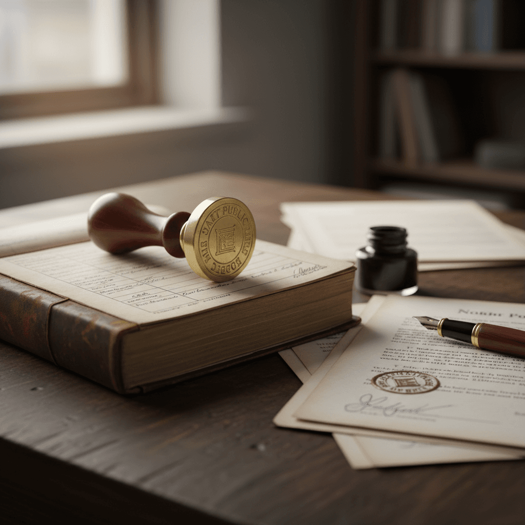 Notary stamp and journal on a table with signed documents