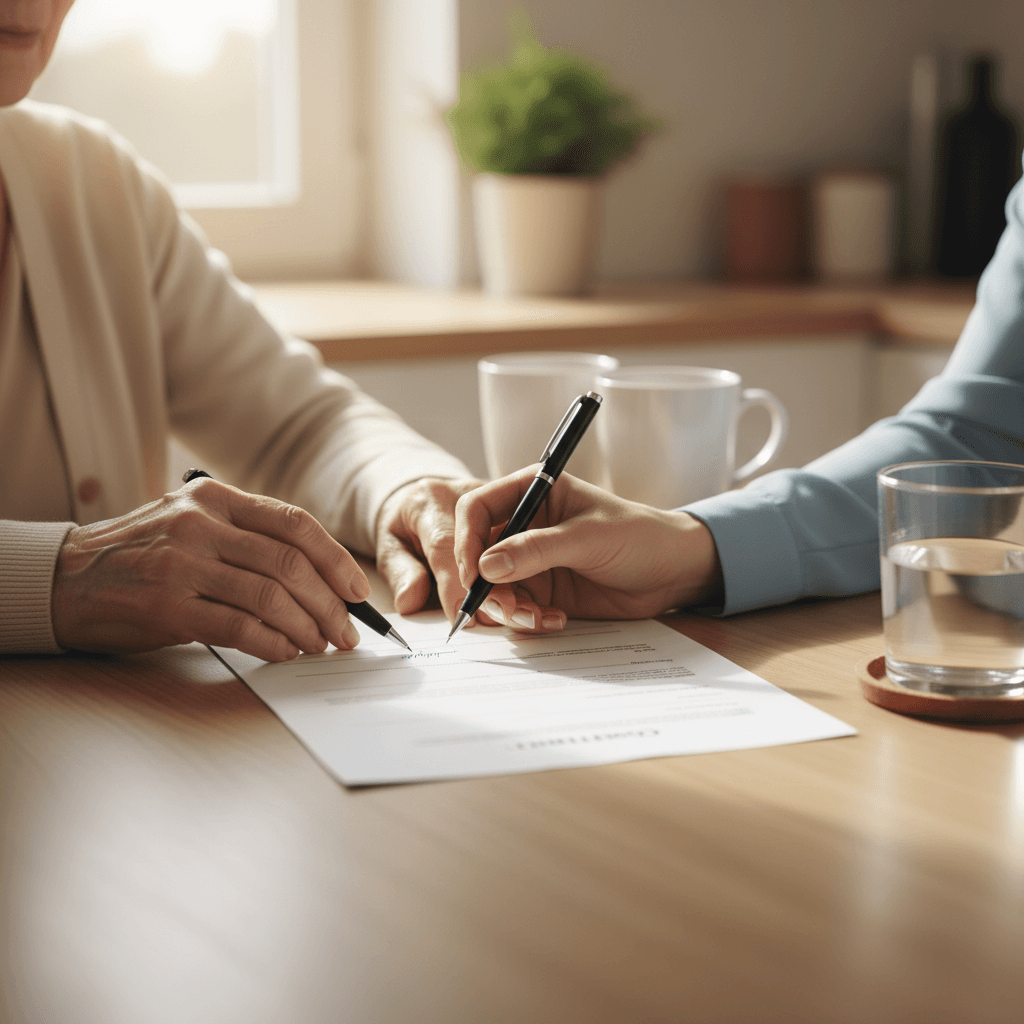 Notary guiding an elderly client signing legal documents at a kitchen table