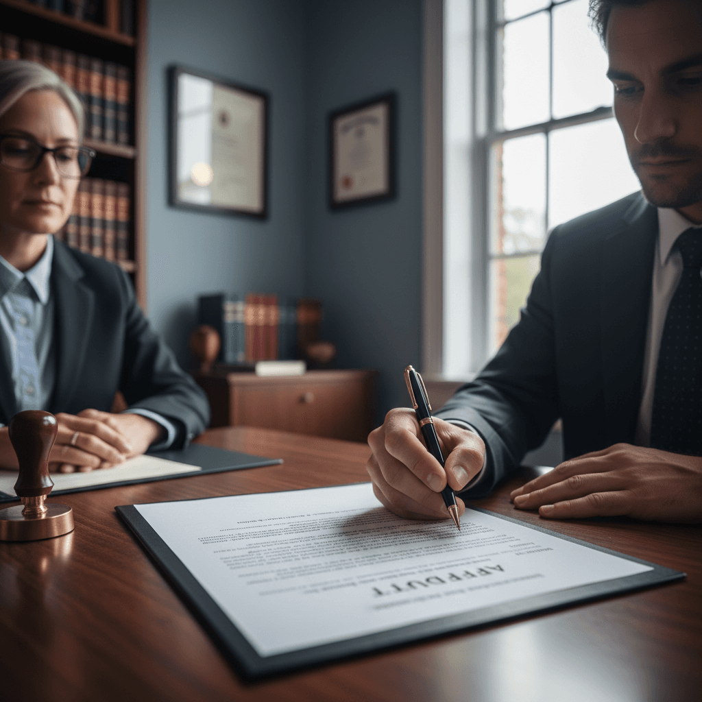 Person signing an affidavit document in an office setting