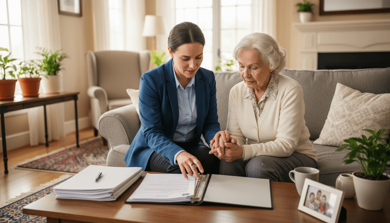 Notary helping an elderly woman with paperwork at home