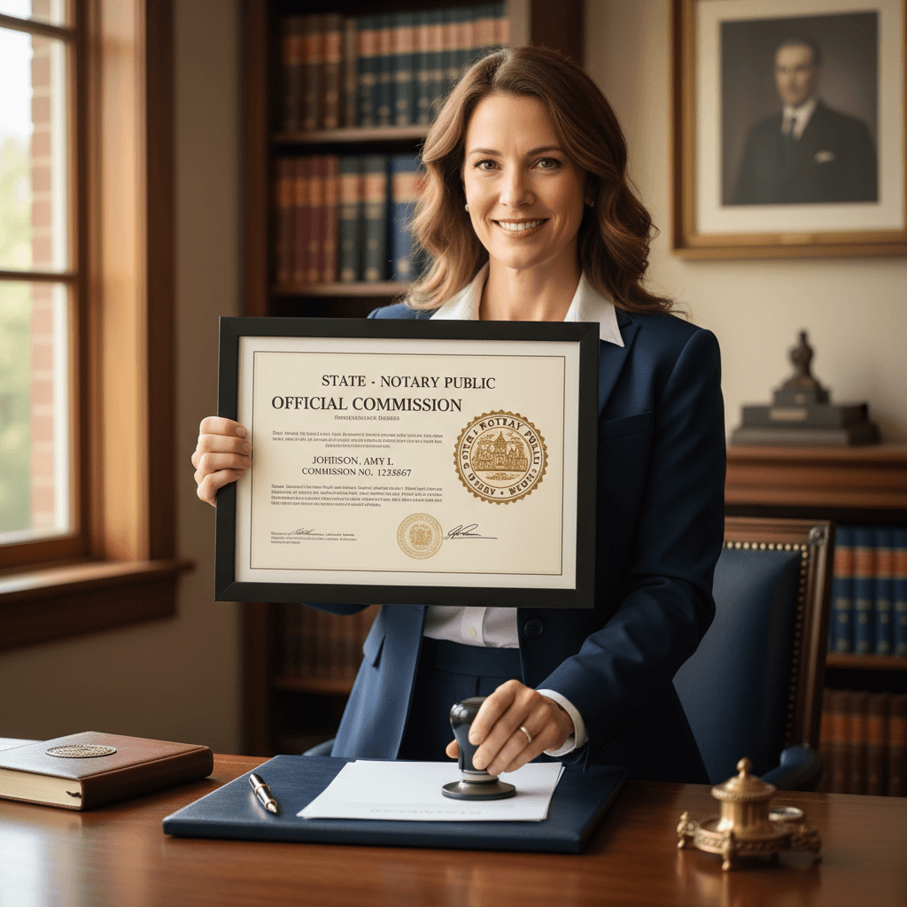 Professional notary showing an official state license document