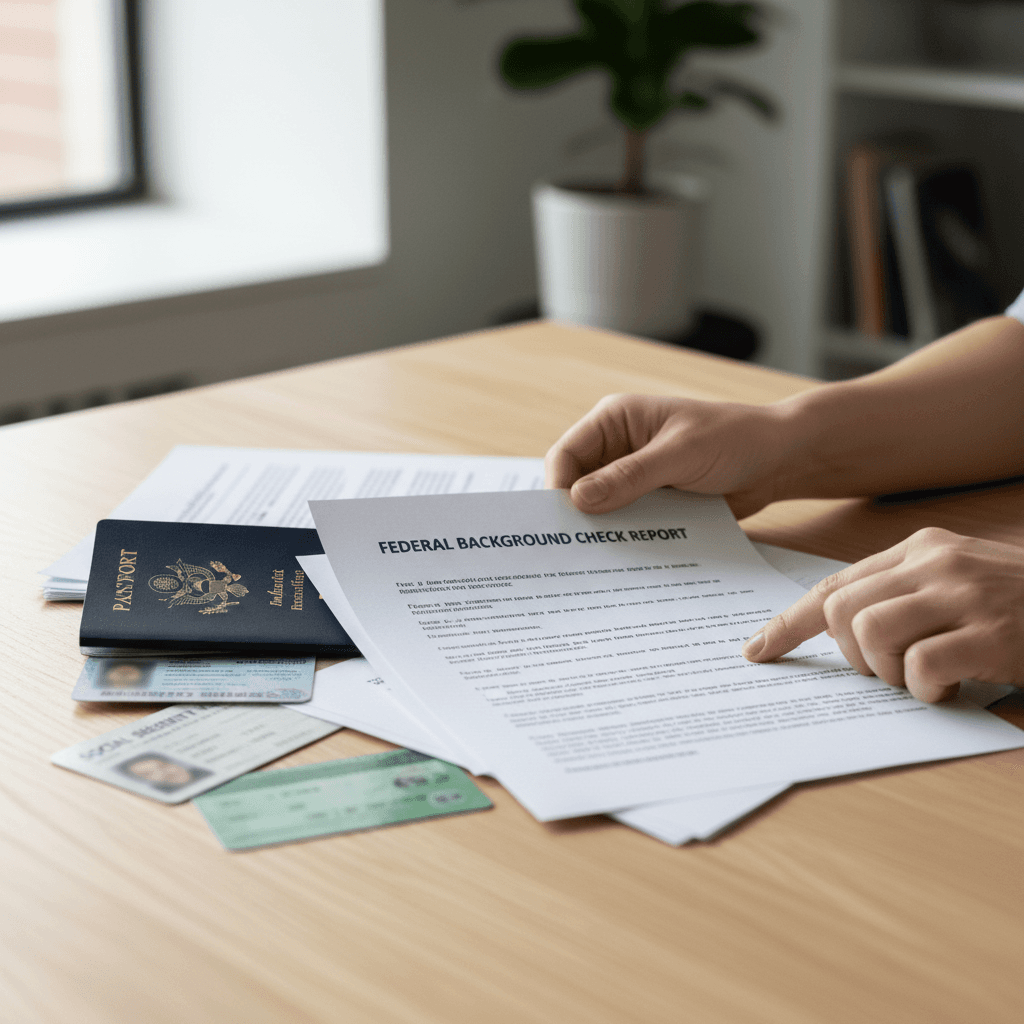 Hands sorting a federal background check report and documents