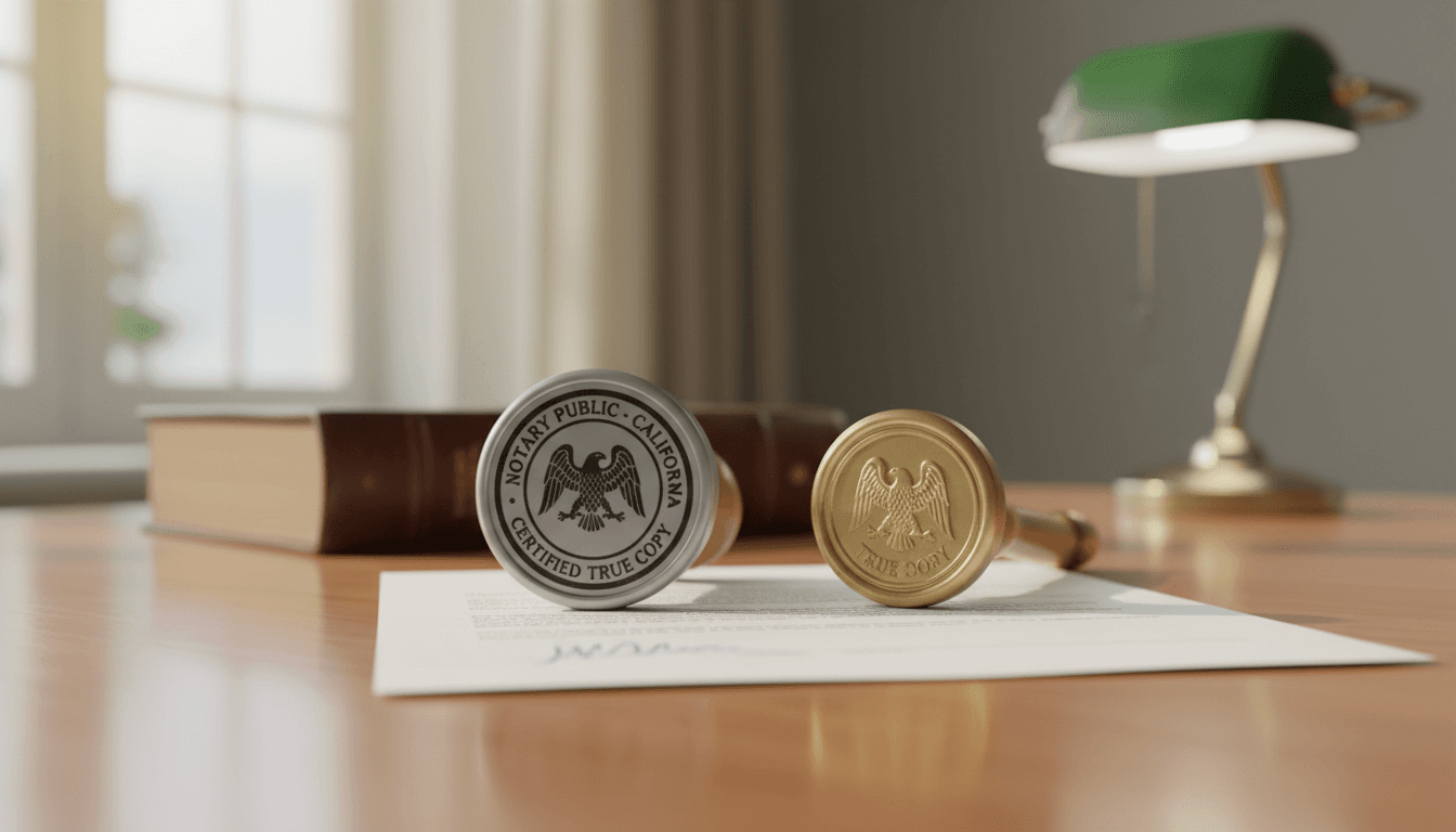 Notary stamp and seal resting on a signed document on a wooden desk